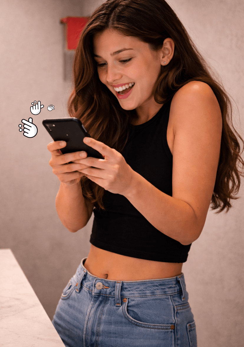 Persona emocionada al recibir un regalo digital personalizado hecho con köhe: fotos, mensajes y animaciones en el móvil